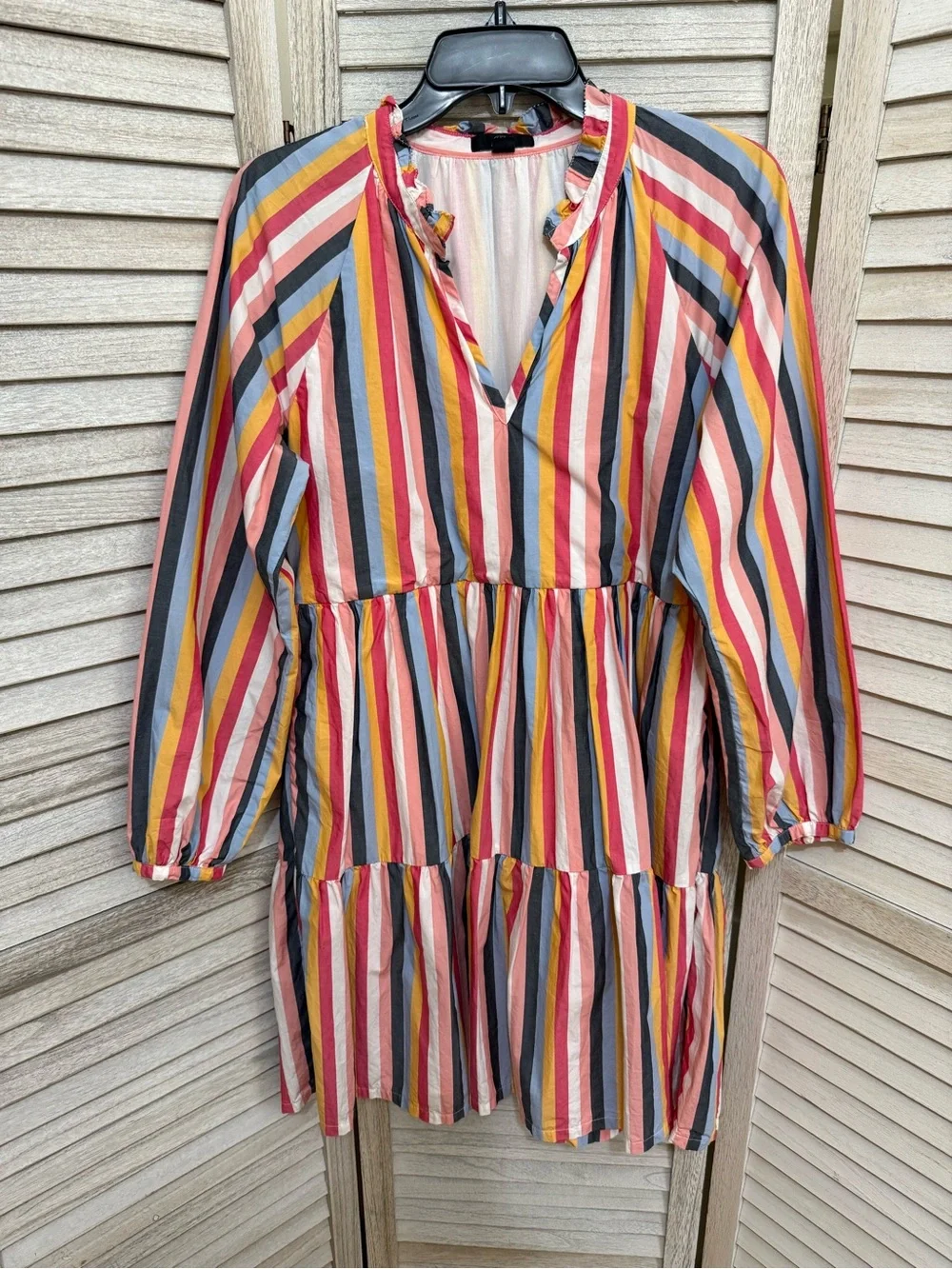 J. Crew Multi-Stripe Tiered Long-Sleeve Dress in Pink, Yellow, Blue, Gray